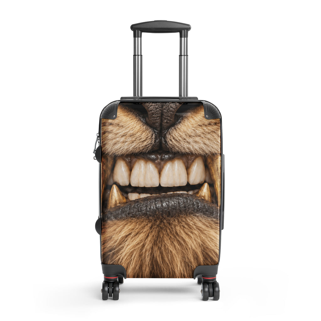 A hard-shell rolling suitcase with an all-over novelty print of a lion's face, featuring a black telescoping handle and four spinner wheels, shown on a plain white background.