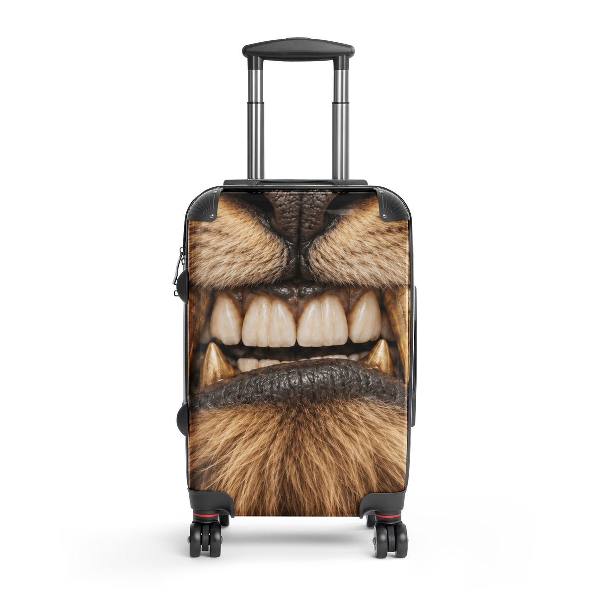 A hard-shell rolling suitcase with an all-over novelty print of a lion's face, featuring a black telescoping handle and four spinner wheels, shown on a plain white background.